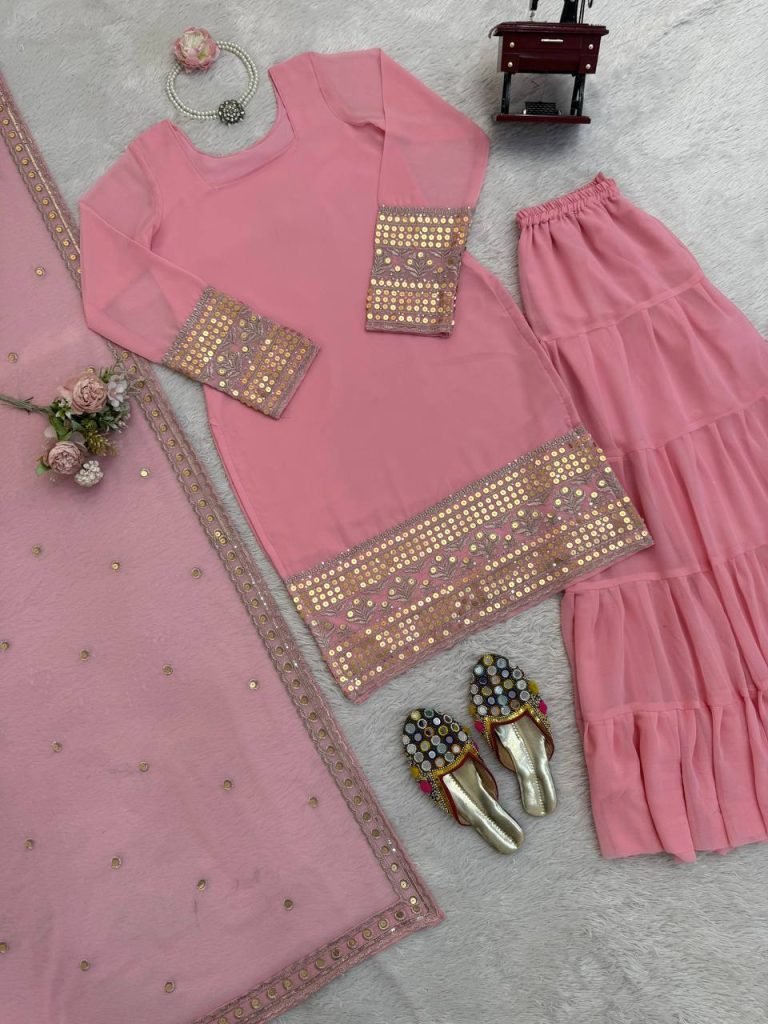 Pink foux georgette soft micro cotton top, sharara and dupatta