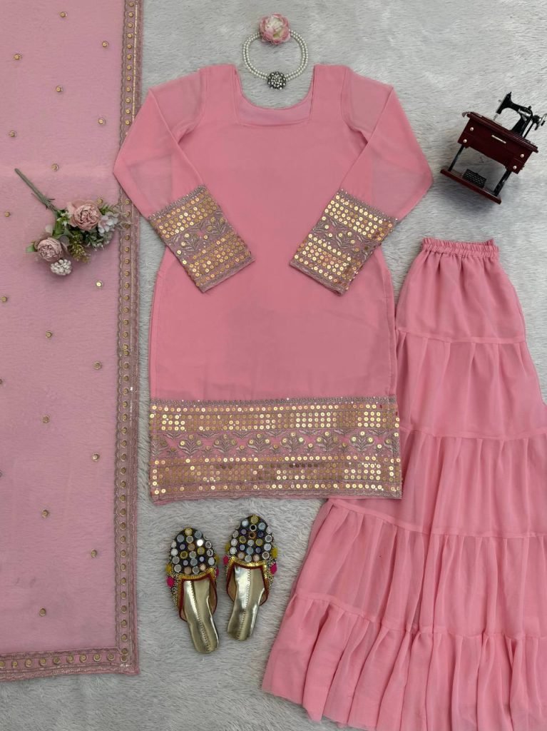 Pink foux georgette soft micro cotton top, sharara and dupatta