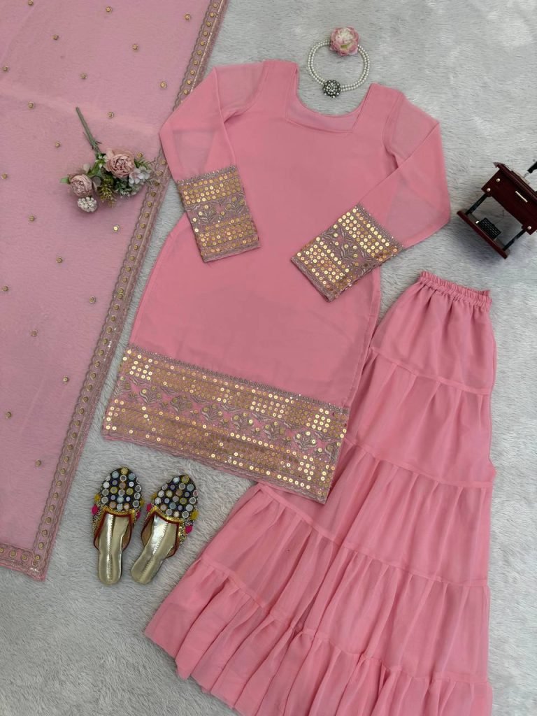 Pink foux georgette soft micro cotton top, sharara and dupatta