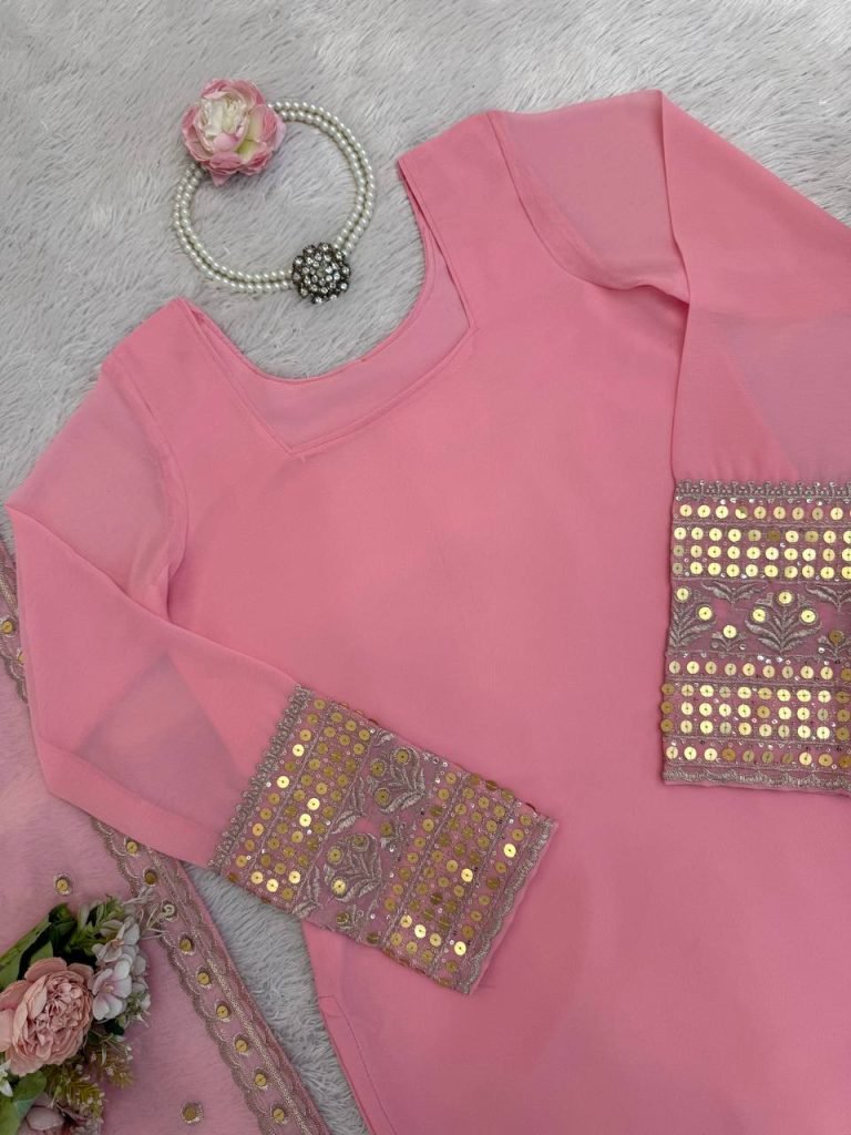 Pink foux georgette soft micro cotton top, sharara and dupatta
