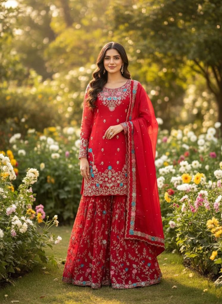 Red silk Thread with sequence with rivet moti anarkali set