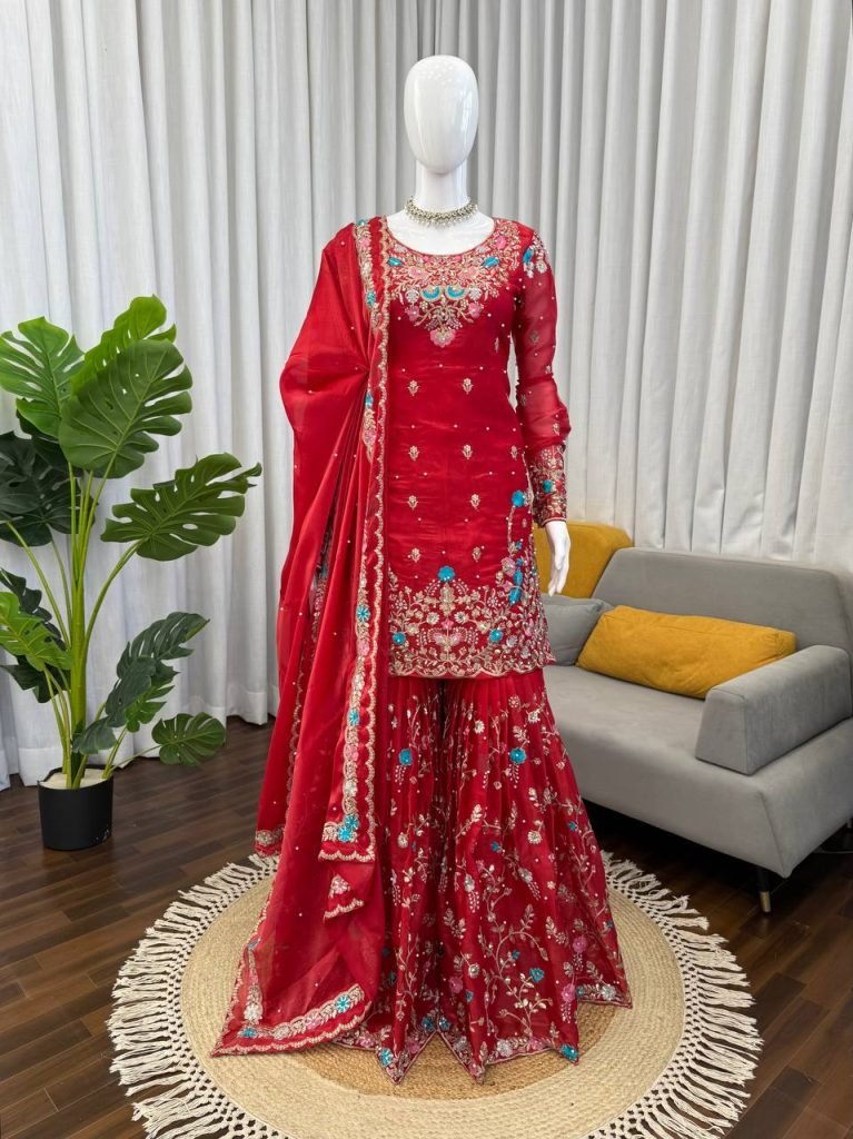 Red silk Thread with sequence with rivet moti anarkali set