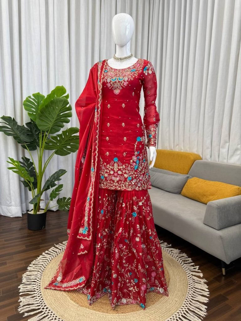 Red silk Thread with sequence with rivet moti anarkali set