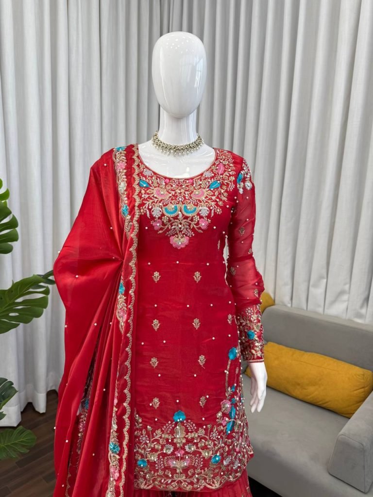 Red silk Thread with sequence with rivet moti anarkali set
