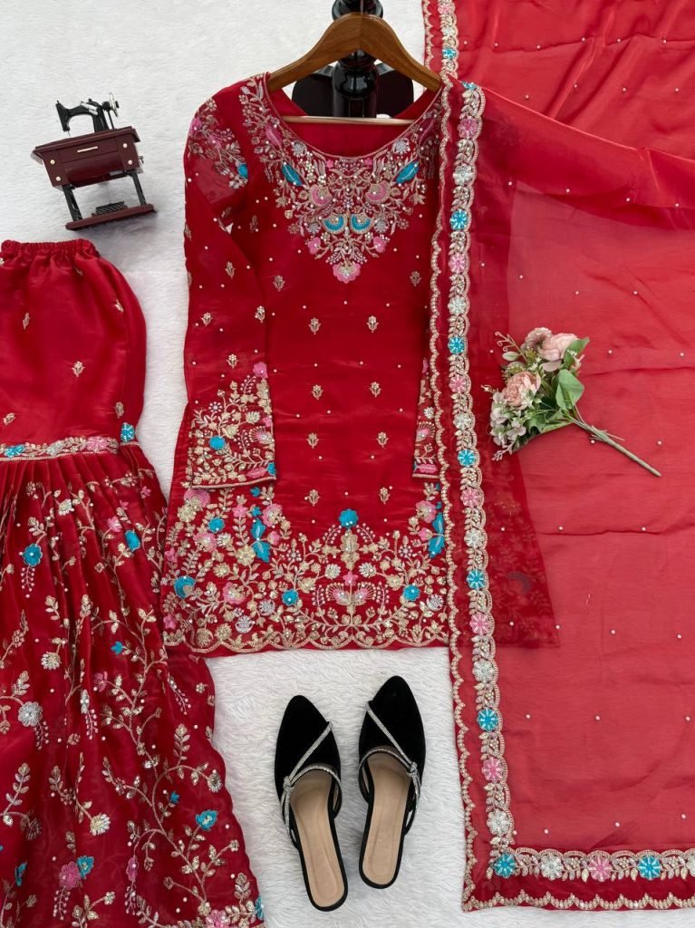 Red silk Thread with sequence with rivet moti anarkali set