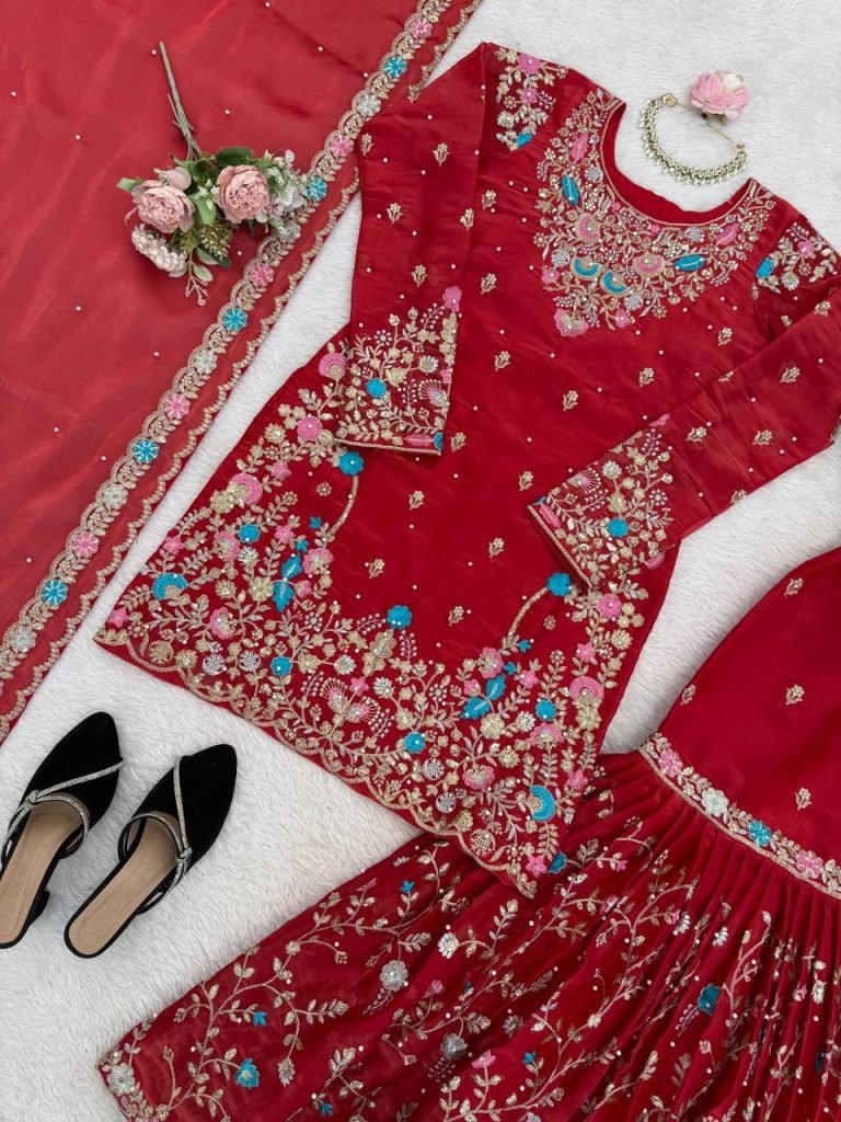 Red silk Thread with sequence with rivet moti anarkali set