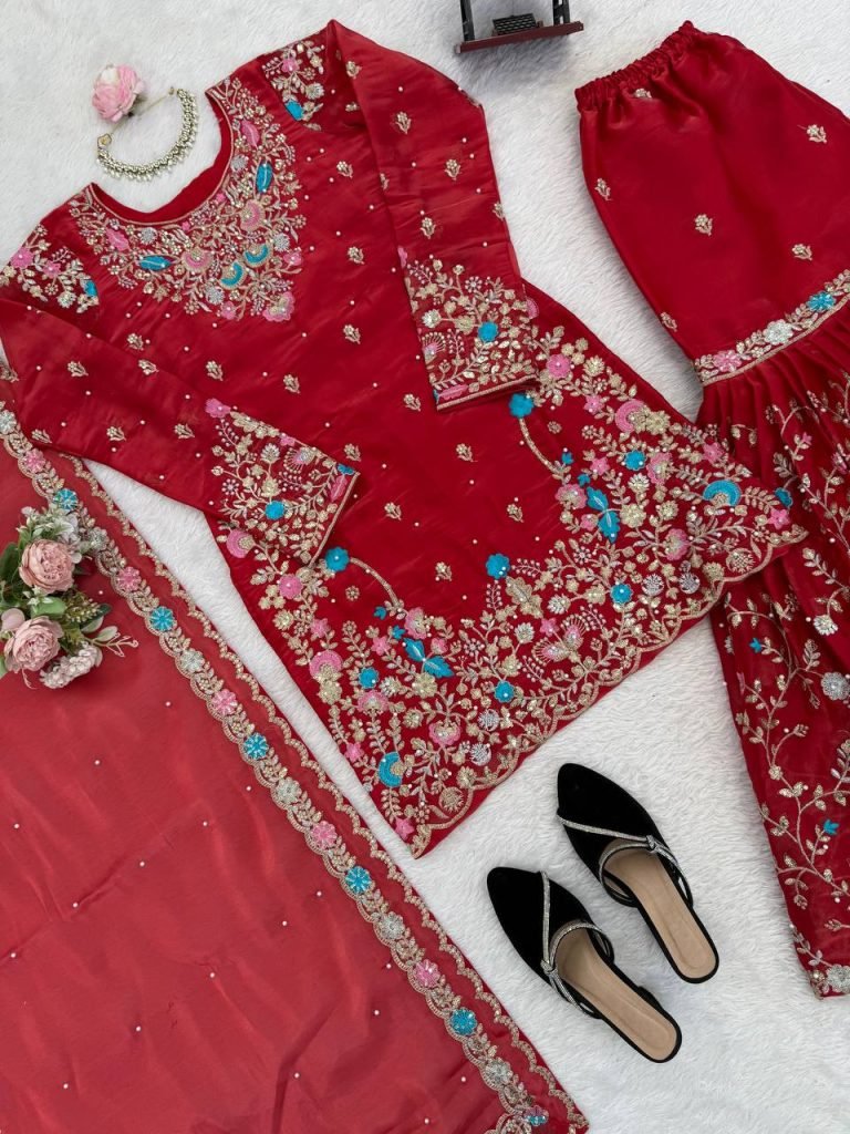 Red silk Thread with sequence with rivet moti anarkali set
