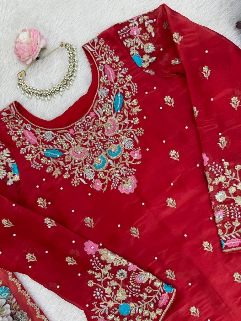 Red silk Thread with sequence with rivet moti anarkali set
