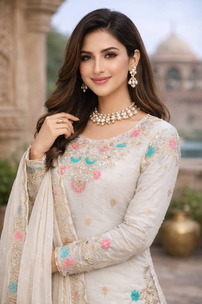 White silk Thread with sequence with rivet moti anarkali set