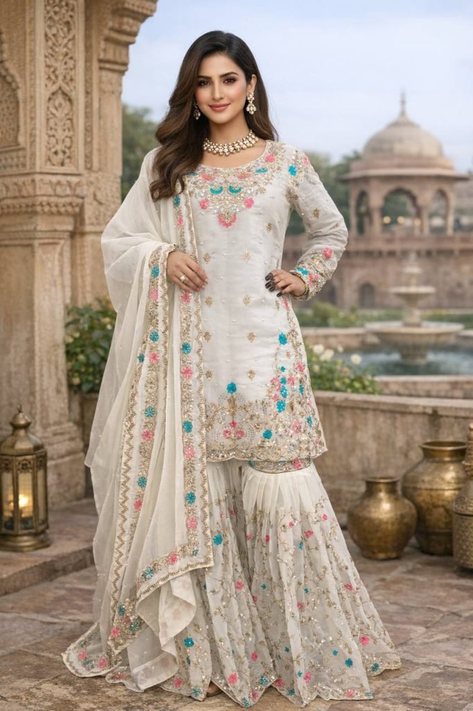 White silk Thread with sequence with rivet moti anarkali set