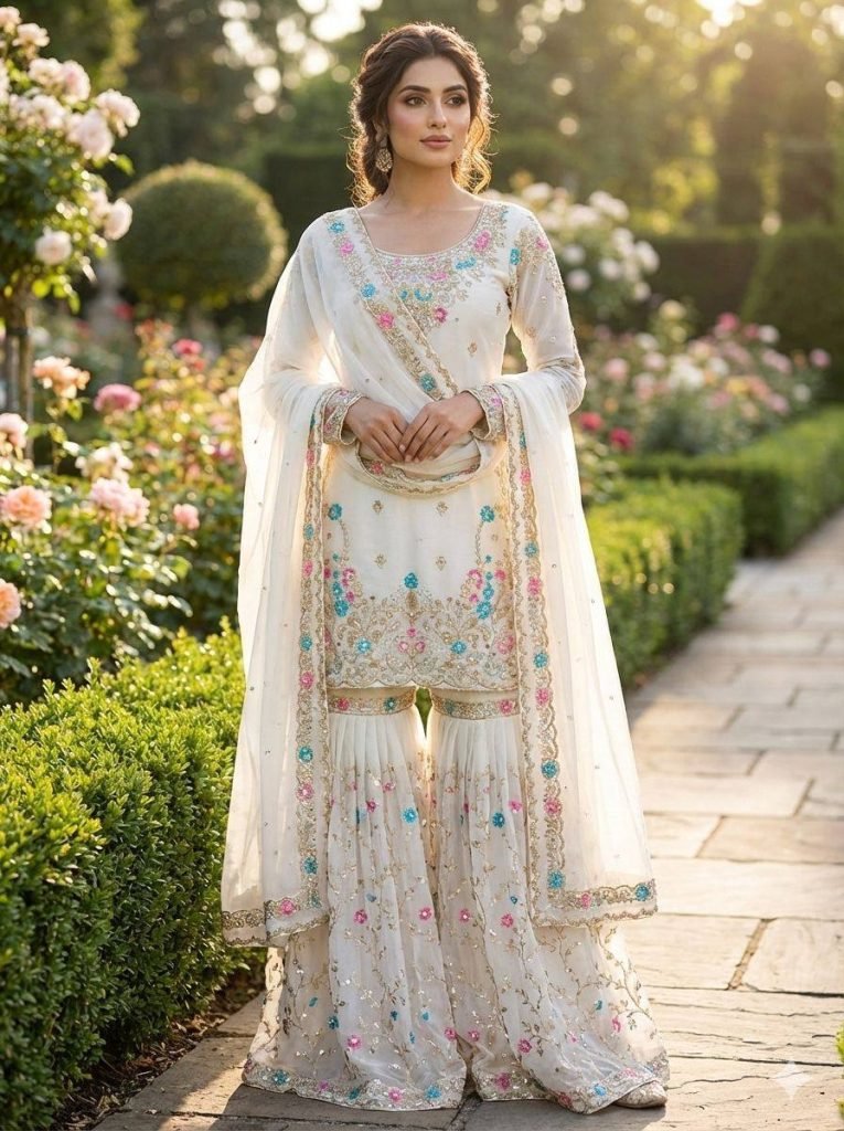White silk Thread with sequence with rivet moti anarkali set