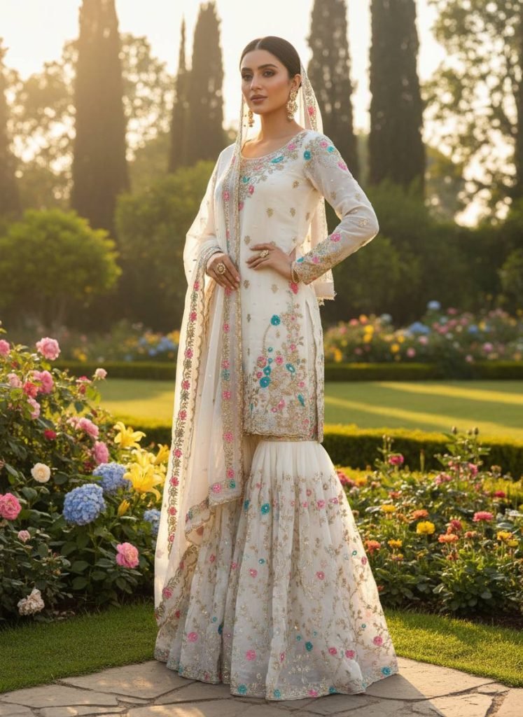 White silk Thread with sequence with rivet moti anarkali set