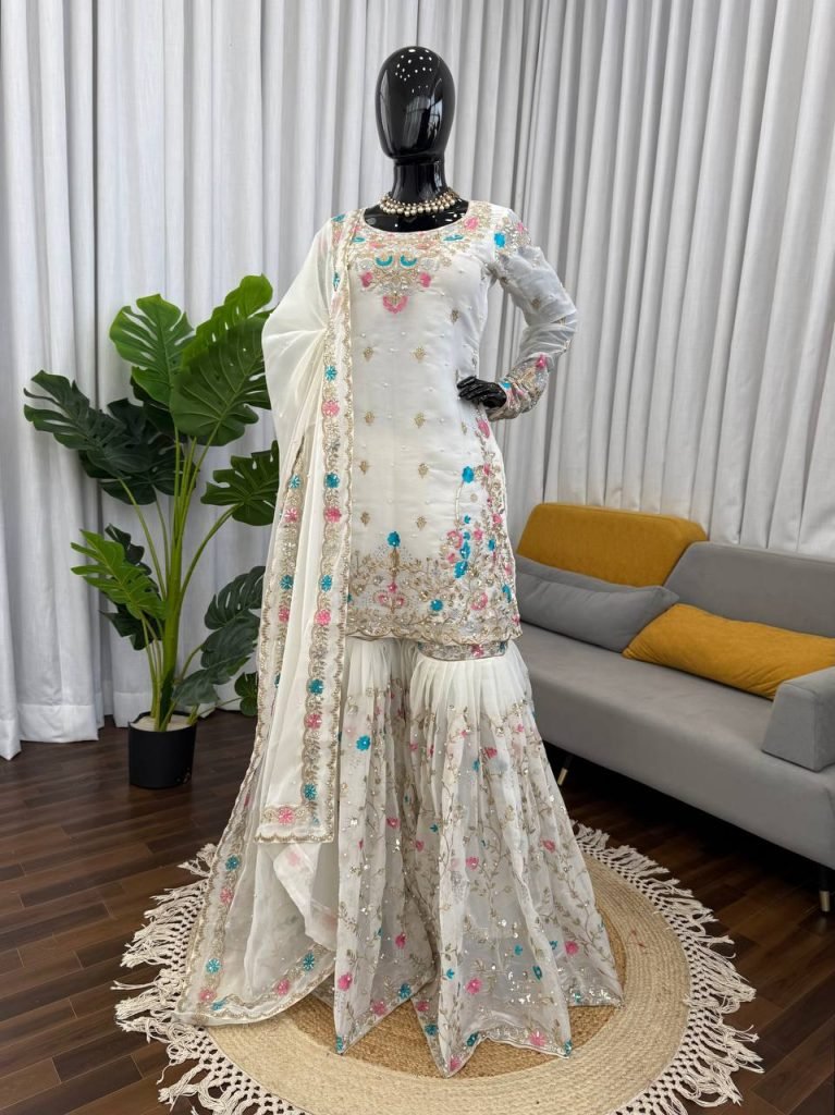 White silk Thread with sequence with rivet moti anarkali set
