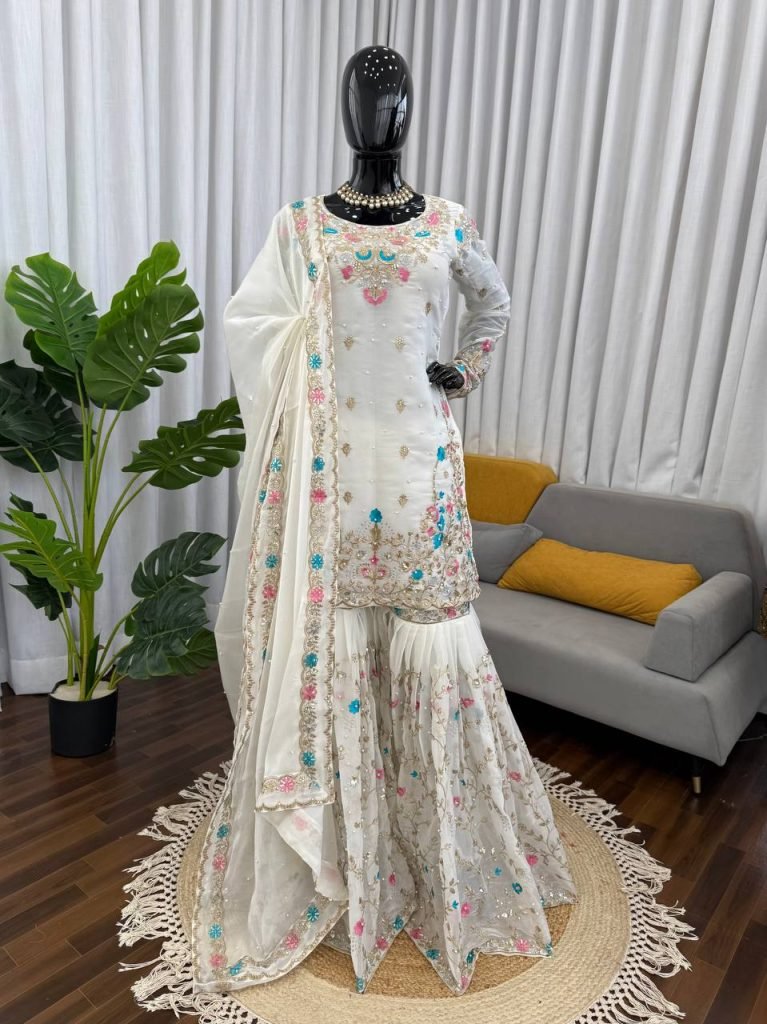 White silk Thread with sequence with rivet moti anarkali set
