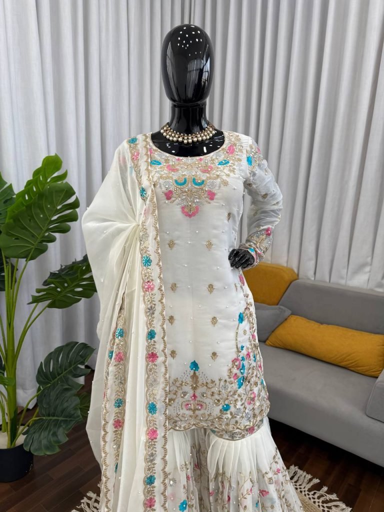 White silk Thread with sequence with rivet moti anarkali set