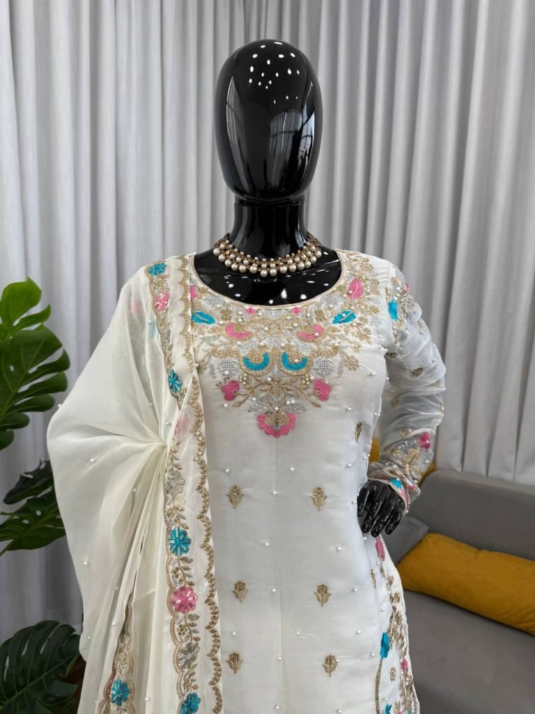 White silk Thread with sequence with rivet moti anarkali set