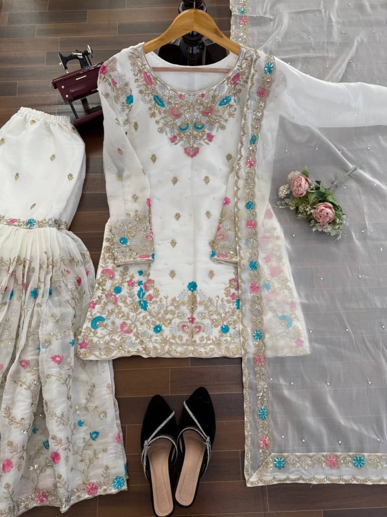 White silk Thread with sequence with rivet moti anarkali set