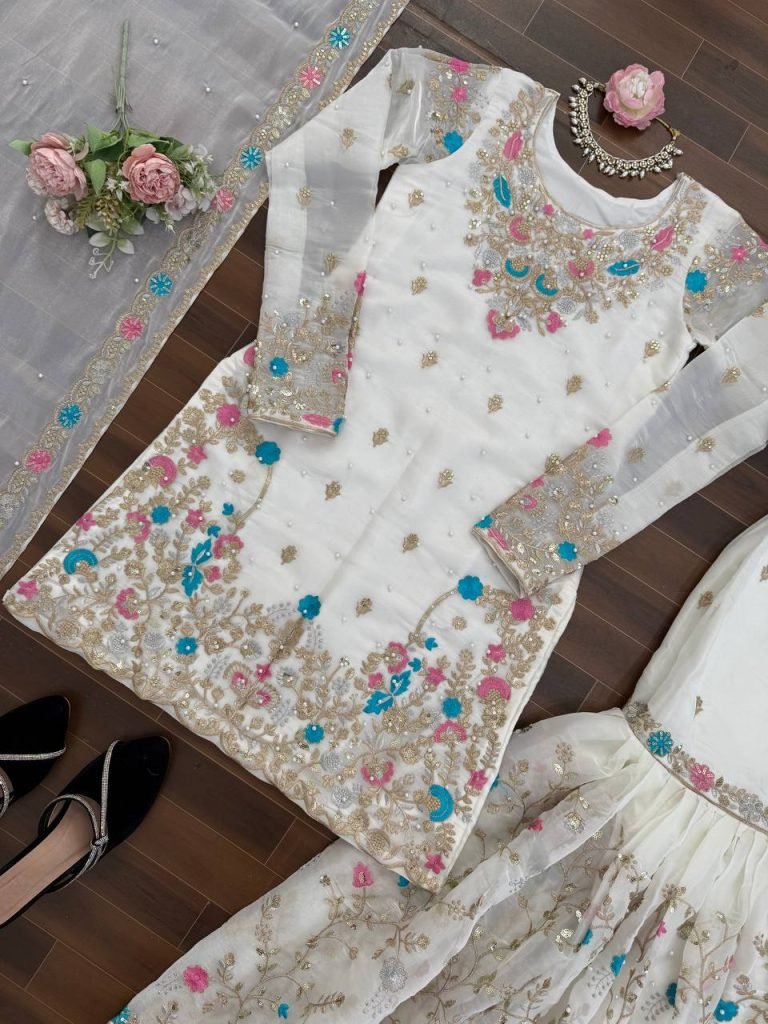White silk Thread with sequence with rivet moti anarkali set