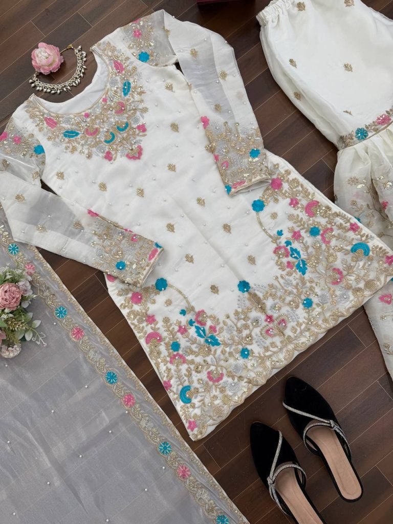White silk Thread with sequence with rivet moti anarkali set