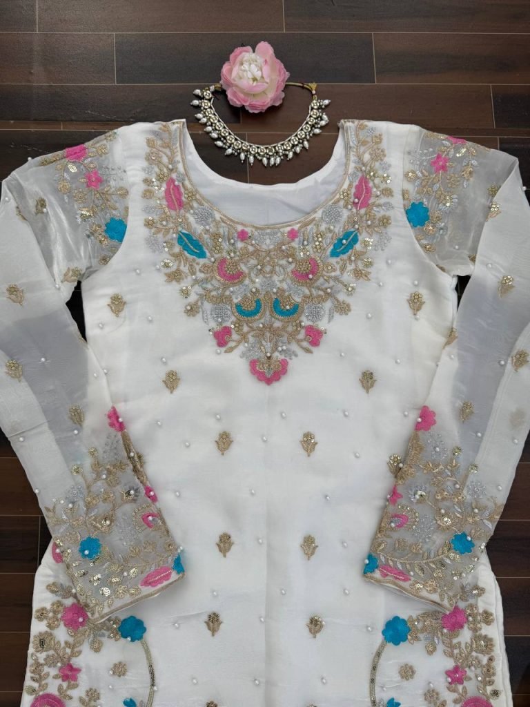 White silk Thread with sequence with rivet moti anarkali set