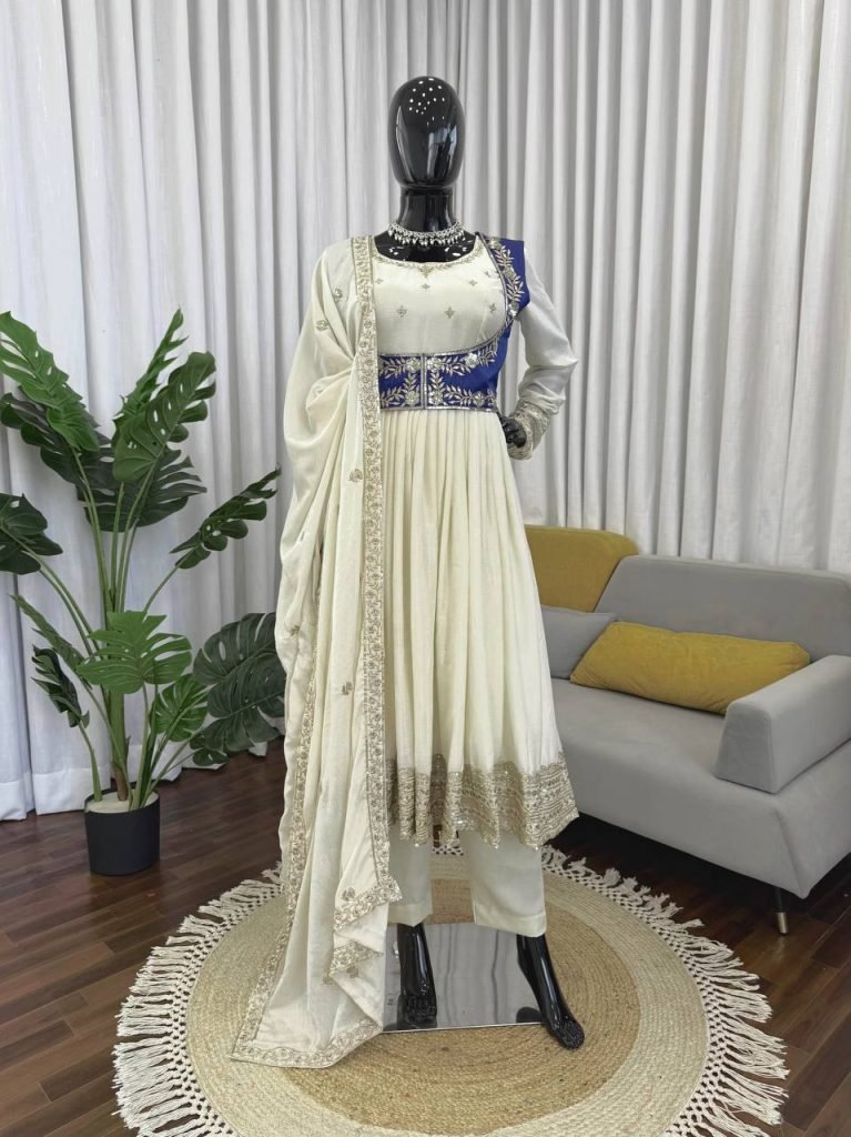 Beige chinon silk thread with sequence Anarkali, pent, koti and dupatta set