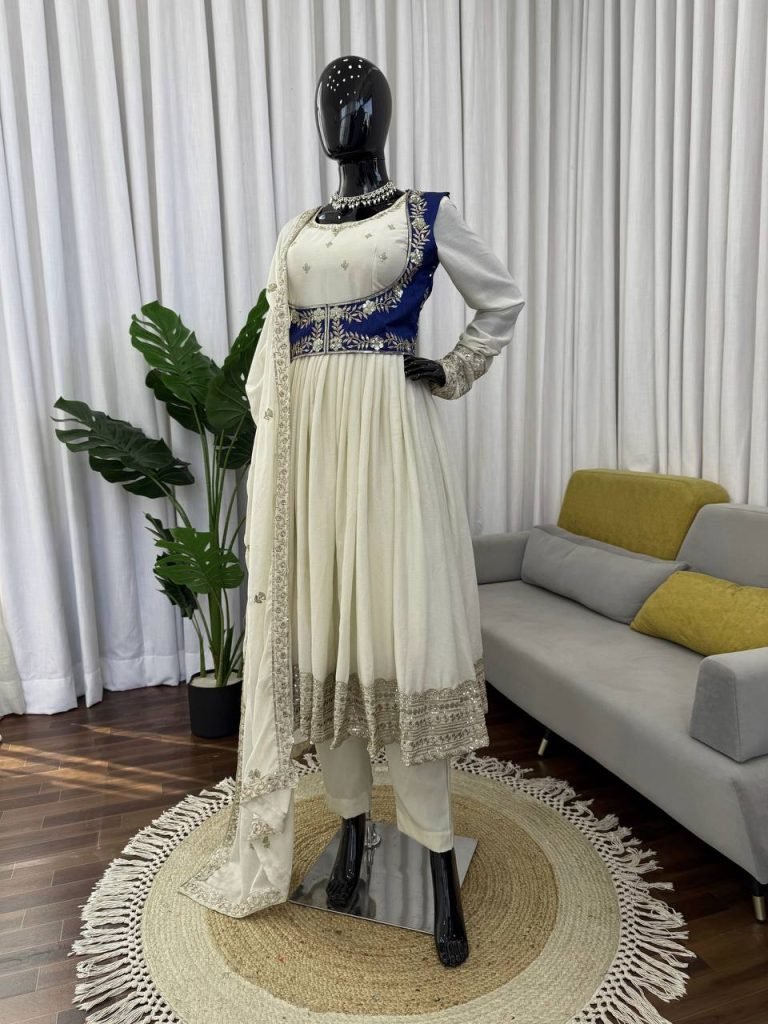 Beige chinon silk thread with sequence Anarkali, pent, koti and dupatta set