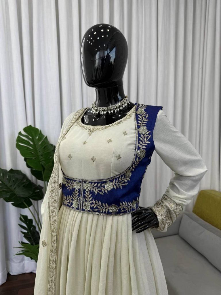 Beige chinon silk thread with sequence Anarkali, pent, koti and dupatta set