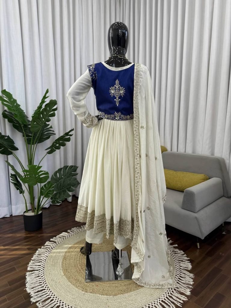 Beige chinon silk thread with sequence Anarkali, pent, koti and dupatta set