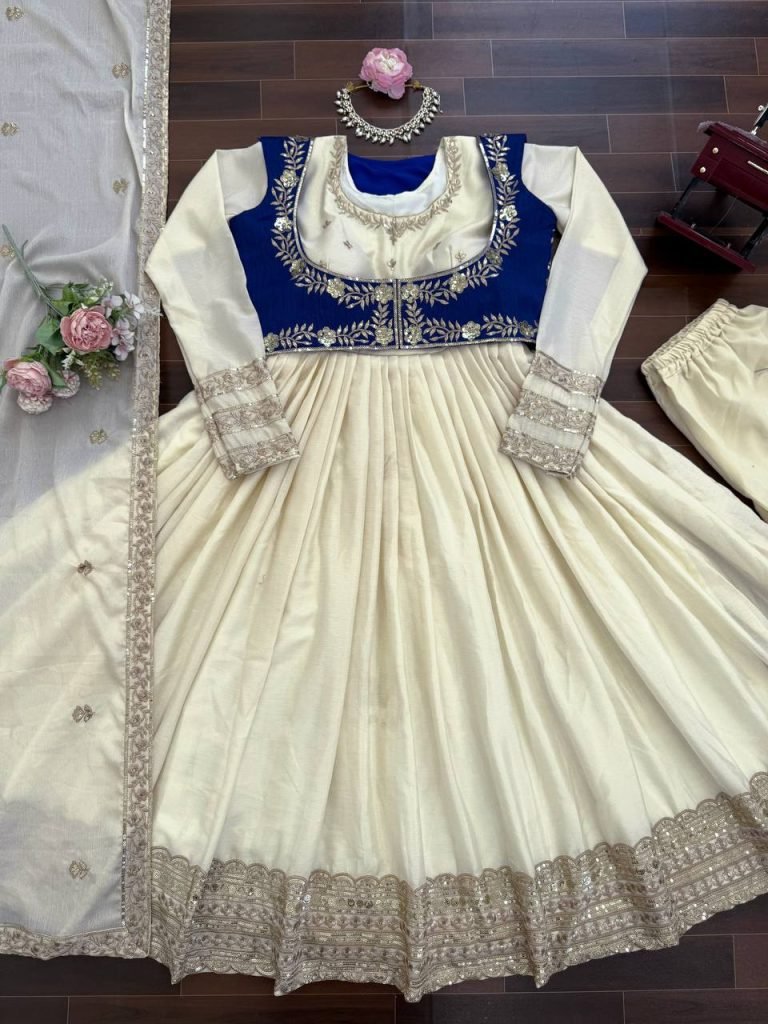Beige chinon silk thread with sequence Anarkali, pent, koti and dupatta set