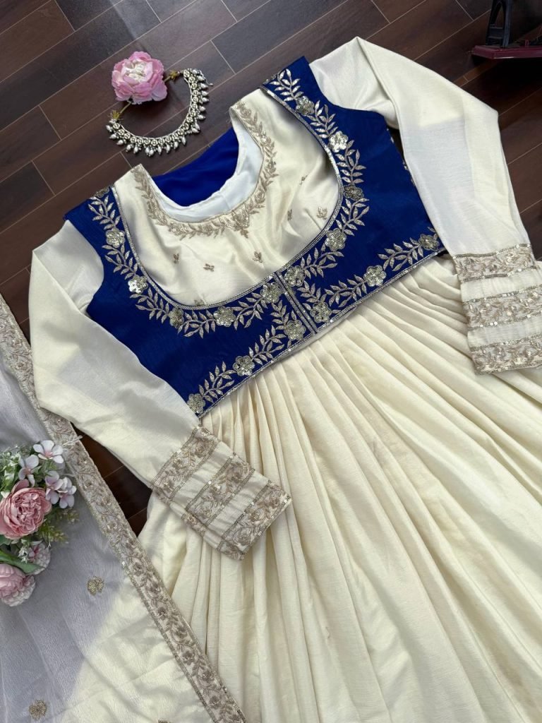 Beige chinon silk thread with sequence Anarkali, pent, koti and dupatta set