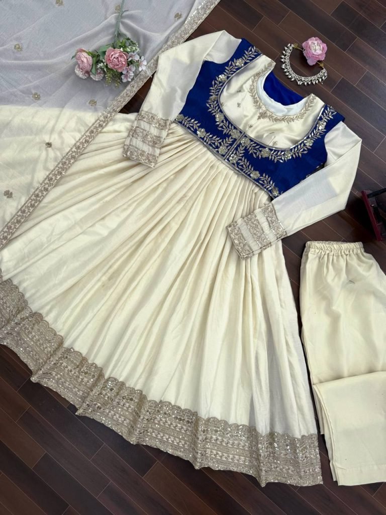 Beige chinon silk thread with sequence Anarkali, pent, koti and dupatta set