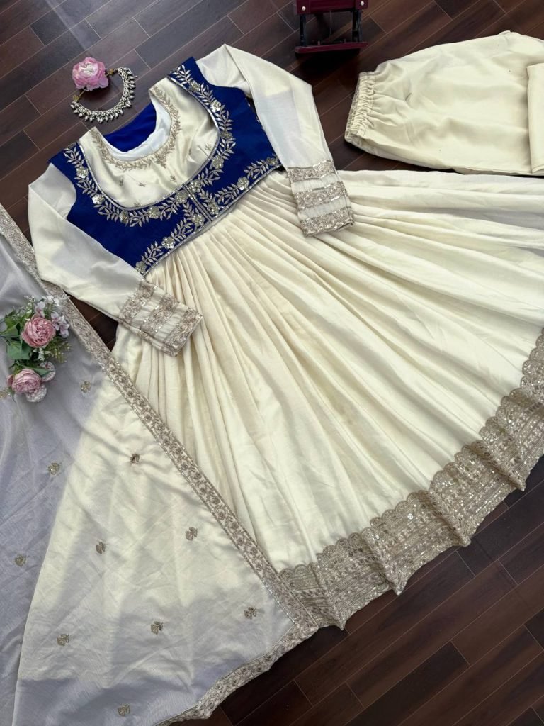 Beige chinon silk thread with sequence Anarkali, pent, koti and dupatta set