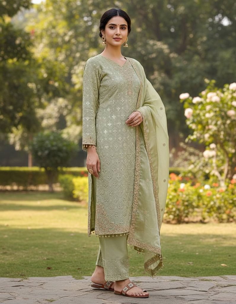 Green pure gmy silk with heavy embroidery sequence work top-bottom and dupatta set