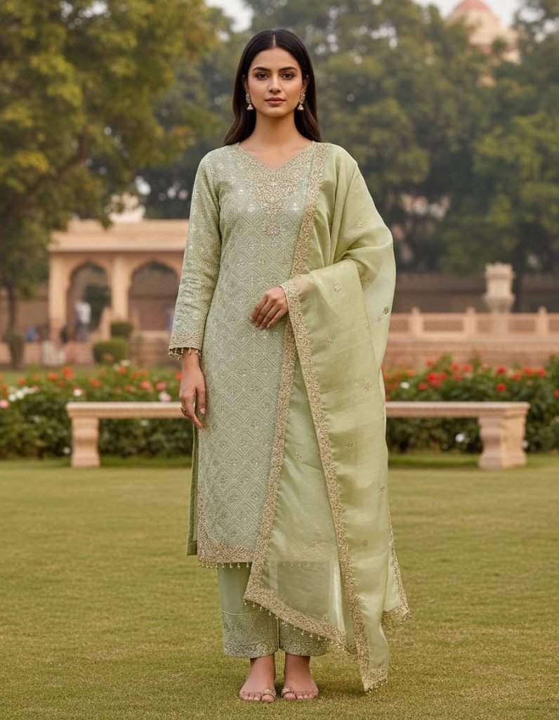 Green pure gmy silk with heavy embroidery sequence work top-bottom and dupatta set