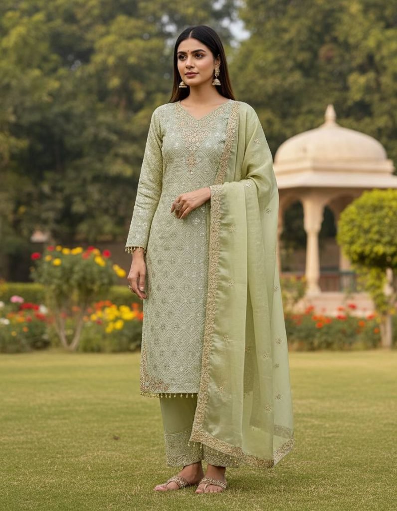 Green pure gmy silk with heavy embroidery sequence work top-bottom and dupatta set