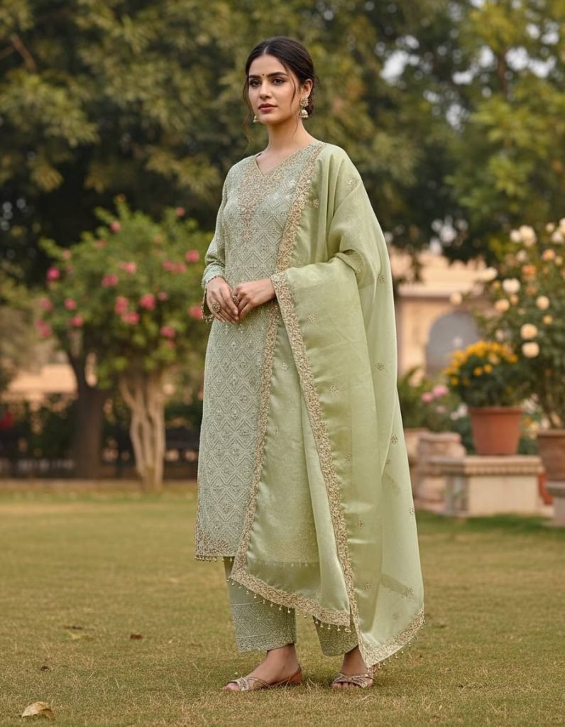 Green pure gmy silk with heavy embroidery sequence work top-bottom and dupatta set