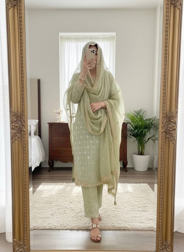 Green pure gmy silk with heavy embroidery sequence work top-bottom and dupatta set