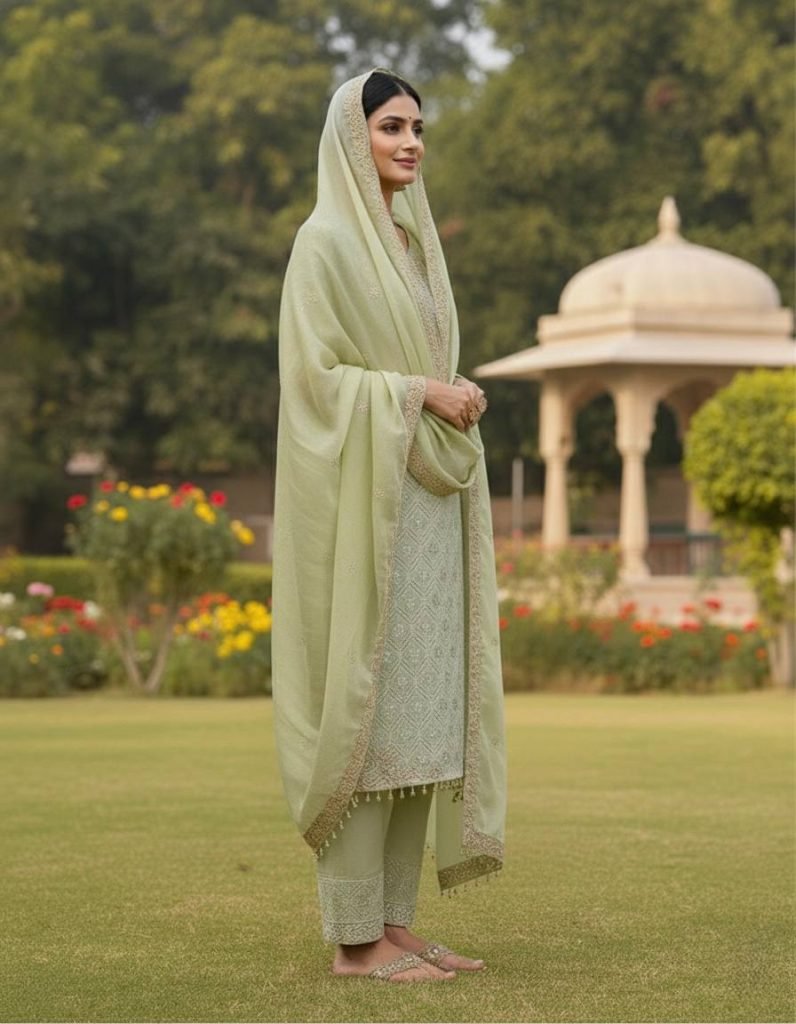 Green pure gmy silk with heavy embroidery sequence work top-bottom and dupatta set
