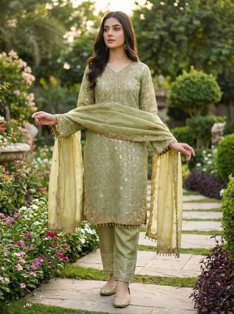 Green pure gmy silk with heavy embroidery sequence work top-bottom and dupatta set