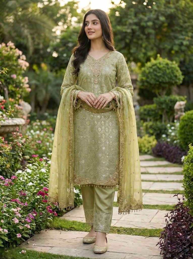 Green pure gmy silk with heavy embroidery sequence work top-bottom and dupatta set