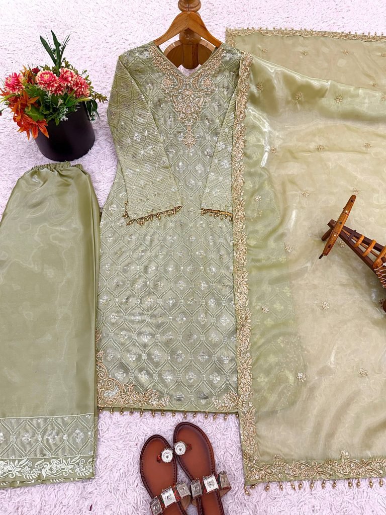 Green pure gmy silk with heavy embroidery sequence work top-bottom and dupatta set