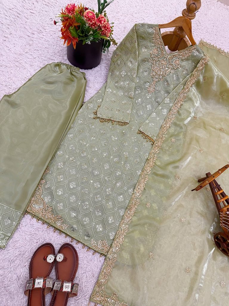 Green pure gmy silk with heavy embroidery sequence work top-bottom and dupatta set