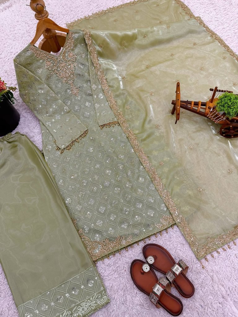 Green pure gmy silk with heavy embroidery sequence work top-bottom and dupatta set