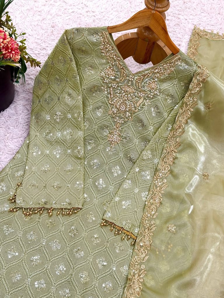 Green pure gmy silk with heavy embroidery sequence work top-bottom and dupatta set