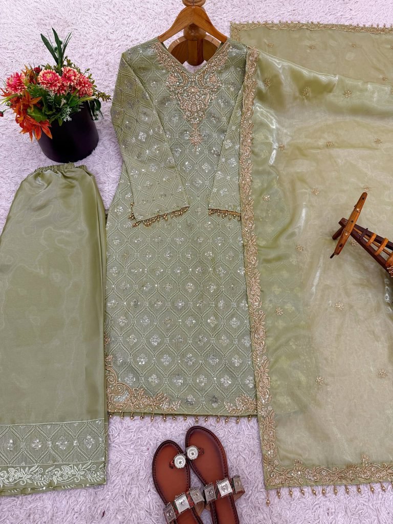 Green pure gmy silk with heavy embroidery sequence work top-bottom and dupatta set