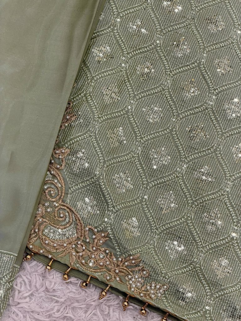 Green pure gmy silk with heavy embroidery sequence work top-bottom and dupatta set