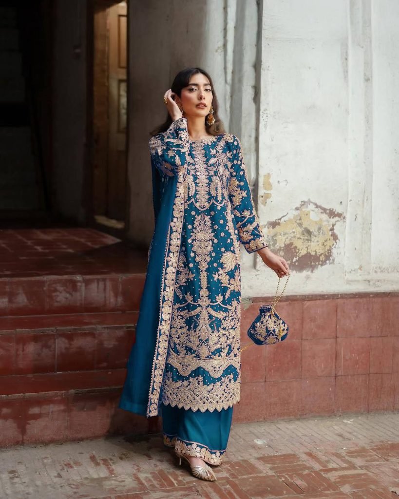 Blue faux georgette chain sequence work with moti work top-bottom and dupatta set