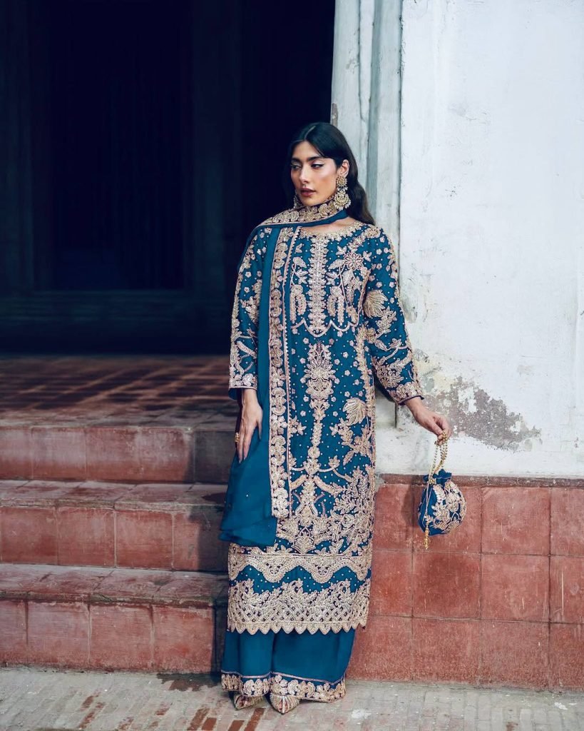 Blue faux georgette chain sequence work with moti work top-bottom and dupatta set
