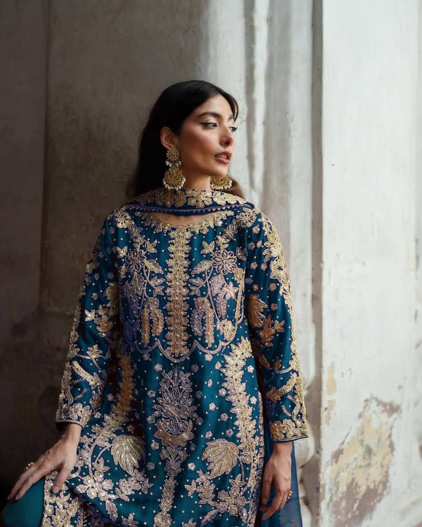 Blue faux georgette chain sequence work with moti work top-bottom and dupatta set