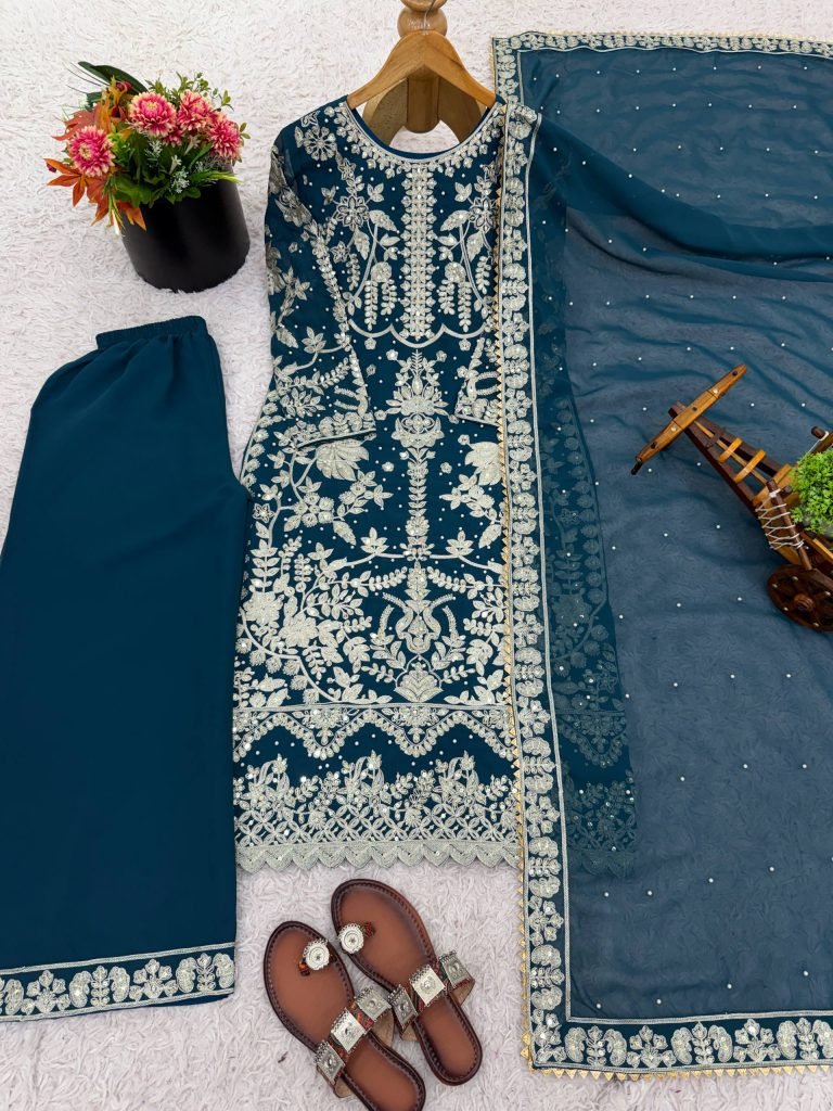 Blue faux georgette chain sequence work with moti work top-bottom and dupatta set
